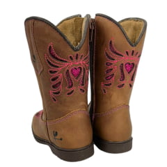 Bota Texana Infantil Caminhos da Roça Bico Quadrado Couro Caramelo/Pink Com Zíper e Bordado em Relevo Pink Ref.M123