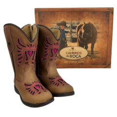 Bota Texana Infantil Caminhos da Roça Bico Quadrado Couro Caramelo/Pink Com Zíper e Bordado em Relevo Pink Ref.M123