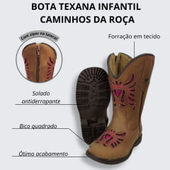 Bota Texana Infantil Caminhos da Roça Bico Quadrado Couro Caramelo/Pink Com Zíper e Bordado em Relevo Pink Ref.M123