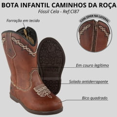 Bota Texana Infantil Caminhos Da Roça Bico Redondo Fóssil Cela Ref:Cl87