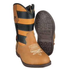 Bota Texana Infantil Caminhos Da Roça Couro Fóssil Caramelo Cano Café Com Zíper Bordado Estrelas Ref:KI44-4