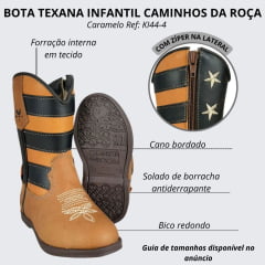 Bota Texana Infantil Caminhos Da Roça Couro Fóssil Caramelo Cano Café Com Zíper Bordado Estrelas Ref:KI44-4