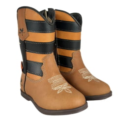 Bota Texana Infantil Caminhos Da Roça Couro Fóssil Caramelo Cano Café Com Zíper Bordado Estrelas Ref:KI44-4