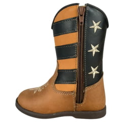 Bota Texana Infantil Caminhos Da Roça Couro Fóssil Caramelo Cano Café Com Zíper Bordado Estrelas Ref:KI44-4