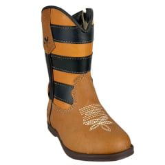 Bota Texana Infantil Caminhos Da Roça Couro Fóssil Caramelo Cano Café Com Zíper Bordado Estrelas Ref:KI44-4