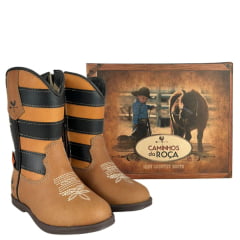 Bota Texana Infantil Caminhos Da Roça Couro Fóssil Caramelo Cano Café Com Zíper Bordado Estrelas Ref:KI44-4
