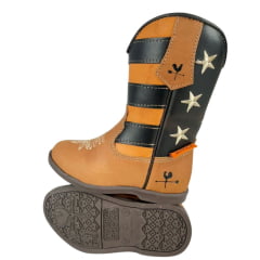 Bota Texana Infantil Caminhos Da Roça Couro Fóssil Caramelo Cano Café Com Zíper Bordado Estrelas Ref:KI44-4