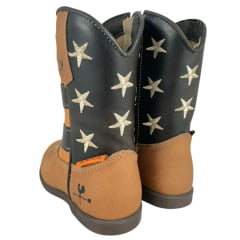 Bota Texana Infantil Caminhos Da Roça Couro Fóssil Caramelo Cano Café Com Zíper Bordado Estrelas Ref:KI44-4