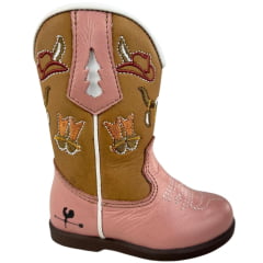Bota Texana Infantil Caminhos Da Roça Bico Redondo Couro Napa Rosa Bordado Ref:CI88