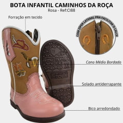 Bota Texana Infantil Caminhos Da Roça Bico Redondo Couro Napa Rosa Bordado Ref:CI88