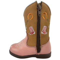 Bota Texana Infantil Caminhos Da Roça Bico Redondo Couro Napa Rosa Bordado Ref:CI88