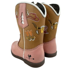 Bota Texana Infantil Caminhos Da Roça Bico Redondo Couro Napa Rosa Bordado Ref:CI88