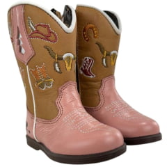 Bota Texana Infantil Caminhos Da Roça Bico Redondo Couro Napa Rosa Bordado Ref:CI88