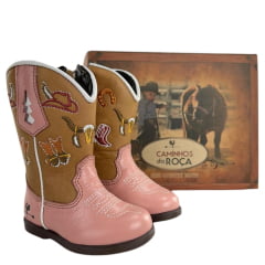 Bota Texana Infantil Caminhos Da Roça Bico Redondo Couro Napa Rosa Bordado Ref:CI88