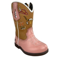Bota Texana Infantil Caminhos Da Roça Bico Redondo Couro Napa Rosa Bordado Ref:CI88