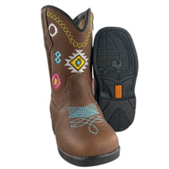 Bota Texana Infantil Caminhos Da Roça C/ Zíper Couro Graxo Chocolate Com Bordados E Florão Azul Ref:MI35 Bota Texana Infantil Caminhos Da Roça C/ Zíper Couro Graxo Chocolate Com Bordados E Florão Azul Ref:MI35