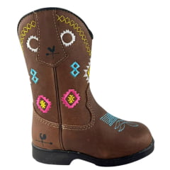Bota Texana Infantil Caminhos Da Roça C/ Zíper Couro Graxo Chocolate Com Bordados E Florão Azul Ref:MI35