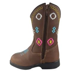 Bota Texana Infantil Caminhos Da Roça C/ Zíper Couro Graxo Chocolate Com Bordados E Florão Azul Ref:MI35