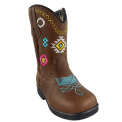 Bota Texana Infantil Caminhos Da Roça C/ Zíper Couro Graxo Chocolate Com Bordados E Florão Azul Ref:MI35