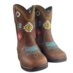 Bota Texana Infantil Caminhos Da Roça C/ Zíper Couro Graxo Chocolate Com Bordados E Florão Azul Ref:MI35