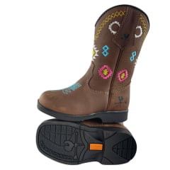 Bota Texana Infantil Caminhos Da Roça C/ Zíper Couro Graxo Chocolate Com Bordados E Florão Azul Ref:MI35