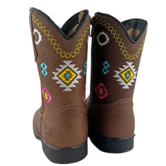 Bota Texana Infantil Caminhos Da Roça C/ Zíper Couro Graxo Chocolate Com Bordados E Florão Azul Ref:MI35