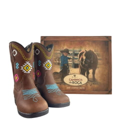 Bota Texana Infantil Caminhos Da Roça C/ Zíper Couro Graxo Chocolate Com Bordados E Florão Azul Ref:MI35