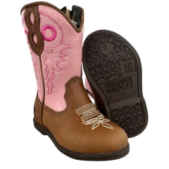 Bota Texana Infantil Caminhos Da Roça Com Zíper Couro Caramelo Cano Rosa Bordado Ref: Kl26-2