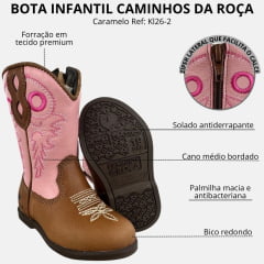 Bota Texana Infantil Caminhos Da Roça Com Zíper Couro Caramelo Cano Rosa Bordado Ref: Kl26-2