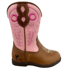 Bota Texana Infantil Caminhos Da Roça Com Zíper Couro Caramelo Cano Rosa Bordado Ref: Kl26-2