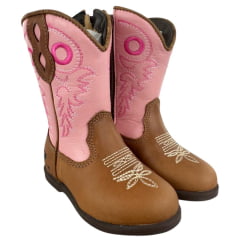 Bota Texana Infantil Caminhos Da Roça Com Zíper Couro Caramelo Cano Rosa Bordado Ref: Kl26-2