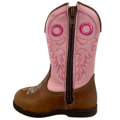 Bota Texana Infantil Caminhos Da Roça Com Zíper Couro Caramelo Cano Rosa Bordado Ref: Kl26-2
