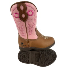 Bota Texana Infantil Caminhos Da Roça Com Zíper Couro Caramelo Cano Rosa Bordado Ref: Kl26-2