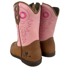 Bota Texana Infantil Caminhos Da Roça Com Zíper Couro Caramelo Cano Rosa Bordado Ref: Kl26-2
