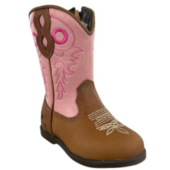 Bota Texana Infantil Caminhos Da Roça Com Zíper Couro Caramelo Cano Rosa Bordado Ref: Kl26-2