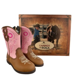 Bota Texana Infantil Caminhos Da Roça Com Zíper Couro Caramelo Cano Rosa Bordado Ref: Kl26-2