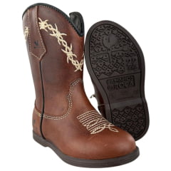 Bota Texana Infantil Caminhos Da Roça Com Zíper Couro Fóssil Sela Cano Bordado Arame Ref: Kl100