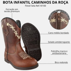 Bota Texana Infantil Caminhos Da Roça Com Zíper Couro Fóssil Sela Cano Bordado Arame Ref: Kl100