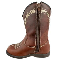 Bota Texana Infantil Caminhos Da Roça Com Zíper Couro Fóssil Sela Cano Bordado Arame Ref: Kl100