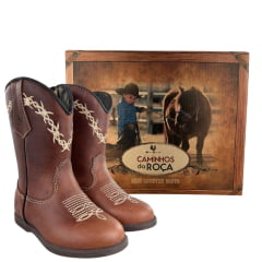 Bota Texana Infantil Caminhos Da Roça Com Zíper Couro Fóssil Sela Cano Bordado Arame Ref: Kl100
