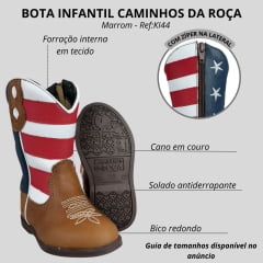 Bota Texana Infantil Caminhos Da Roça Couro Caramelo/Marinho Cano EUA Ref:KI44