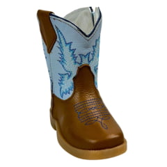 Bota Texana Infantil Capelli Boots Country Baby Couro Caramelo Cano Azul Bebe Com Bordado e Zíper Ref.080 - Cod.08392AC