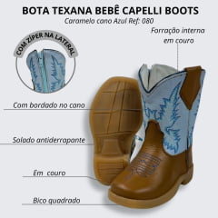 Bota Texana Infantil Capelli Boots Country Baby Couro Caramelo Cano Azul Bebe Com Bordado e Zíper Ref.080 - Cod.08392AC