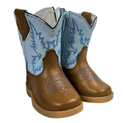 Bota Texana Infantil Capelli Boots Country Baby Couro Caramelo Cano Azul Bebe Com Bordado e Zíper Ref.080 - Cod.08392AC