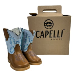 Bota Texana Infantil Capelli Boots Country Baby Couro Caramelo Cano Azul Bebe Com Bordado e Zíper Ref.080 - Cod.08392AC