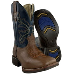 Bota Texana Infantil Classic Bico Quadrado Com Zíper Couro HTI Boise Azul Com Bordado - REF:2909
