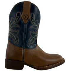 Bota Texana Infantil Classic Bico Quadrado Com Zíper Couro HTI Boise Azul Com Bordado - REF:2909