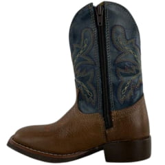 Bota Texana Infantil Classic Bico Quadrado Com Zíper Couro HTI Boise Azul Com Bordado - REF:2909
