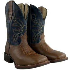 Bota Texana Infantil Classic Bico Quadrado Com Zíper Couro HTI Boise Azul Com Bordado - REF:2909