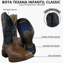 Bota Texana Infantil Classic Bico Quadrado Com Zíper Couro HTI Boise Azul Com Bordado - REF:2909